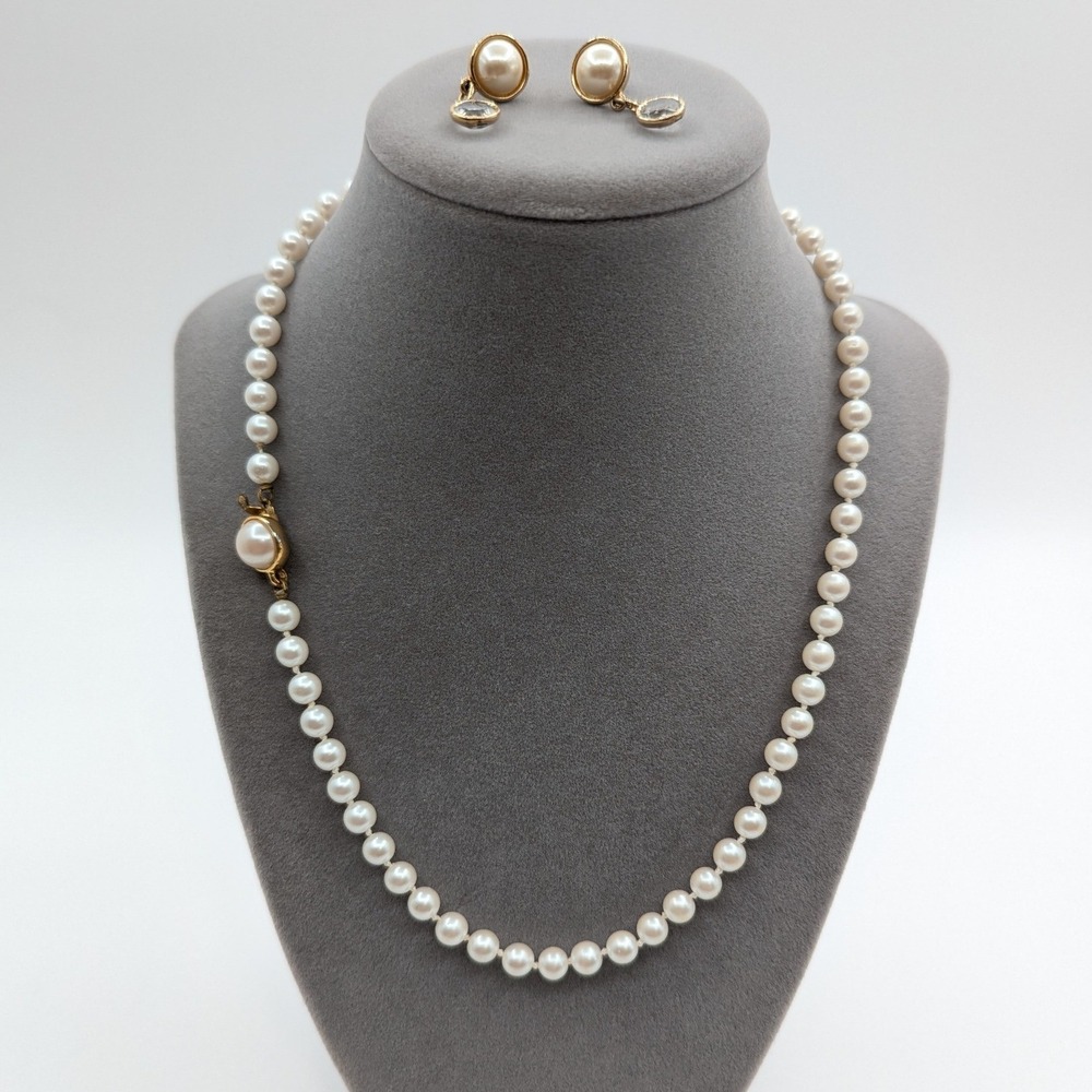 Carolee Vintage Faux Pearl Necklace and Crystal Drop Earrings Jewelry Set Gold